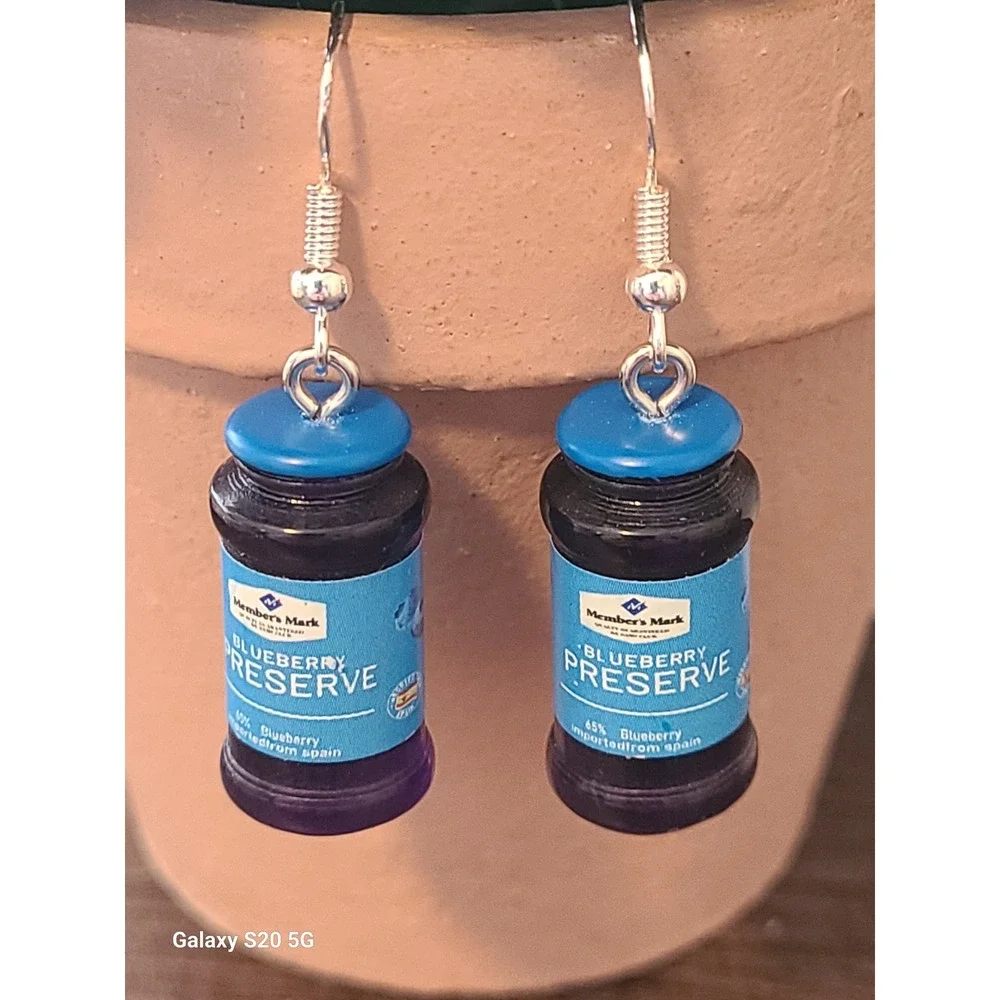 Blueberry Preserve Jar Miniature Earrings Purple Foodie Novelty Kitsch‎ Jewelry